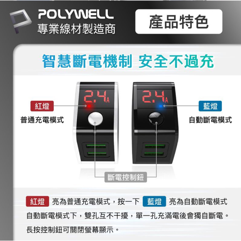 POLYWELL 12W 雙孔 USB 數位顯示 充電器 充電頭 快充頭 USB A 適用 iPhone 15 14-細節圖5