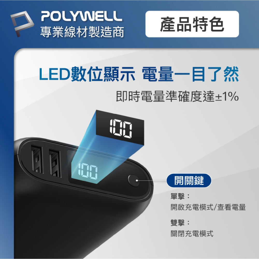 POLYWELL 18W 快充 行動電源 充電器 10000mAh 雙USB Type-C 適 iPhone 15 14-細節圖7