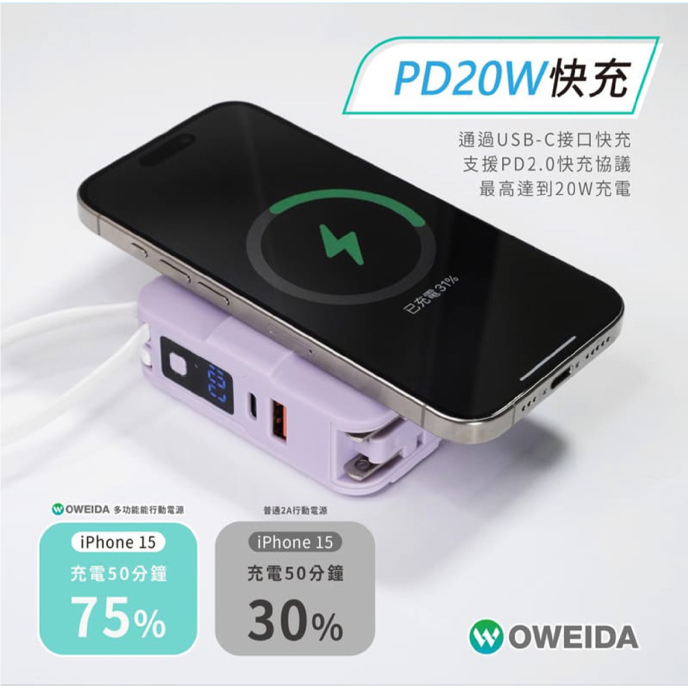 Oweida 萬能充 MagSafe Type c PD 行動電源 充電器 10000 mAh 適 iPhone 15-細節圖4