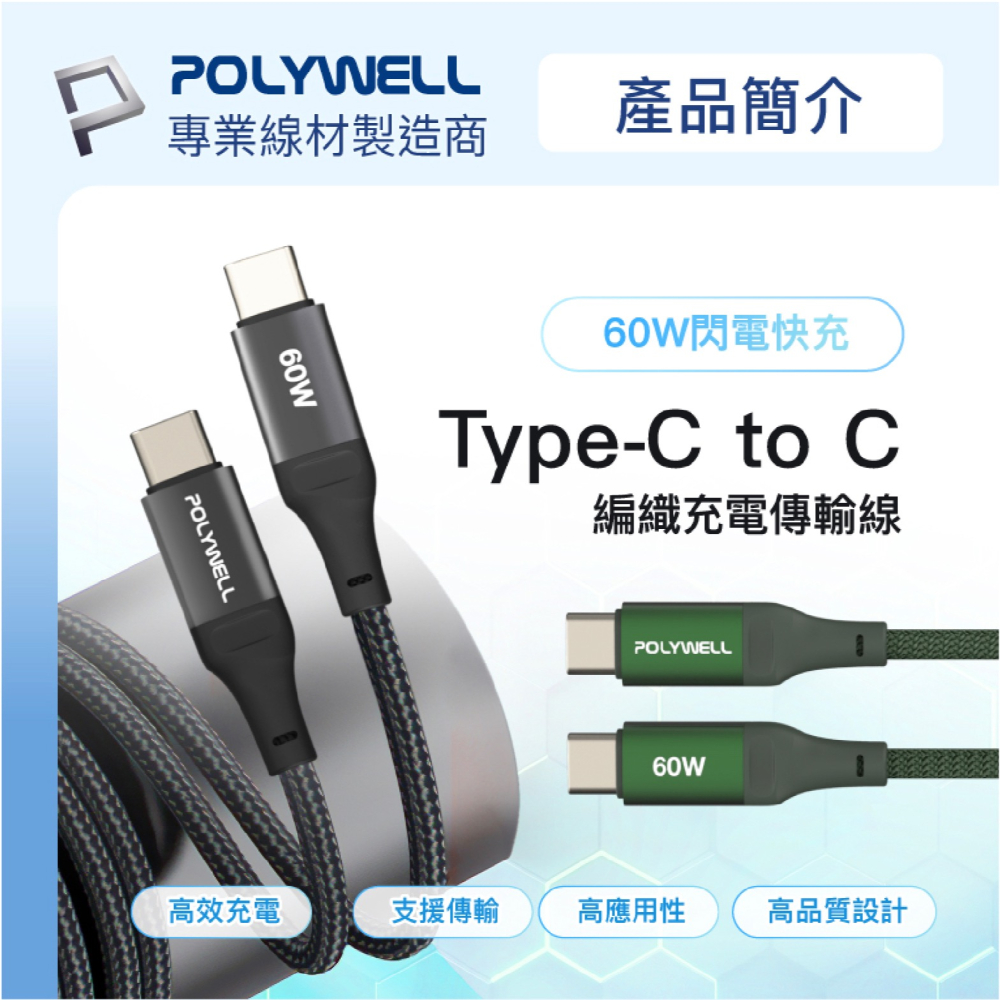 POLYWELL 60W Type-C To C PD 編織 快充線 充電線 適 iPhone 15 Pro Max-細節圖3