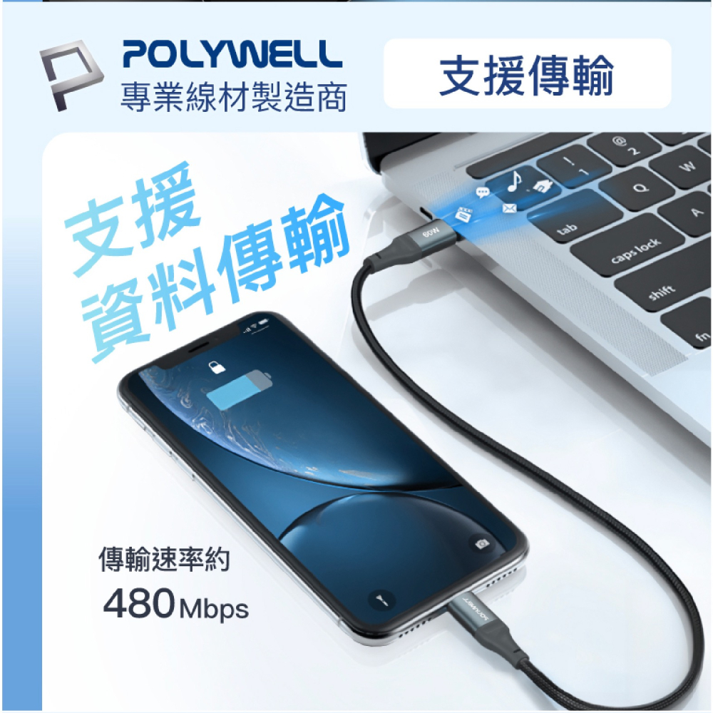 POLYWELL 60W Type-C To C PD 編織 快充線 充電線 適 iPhone 15 Pro Max-細節圖5