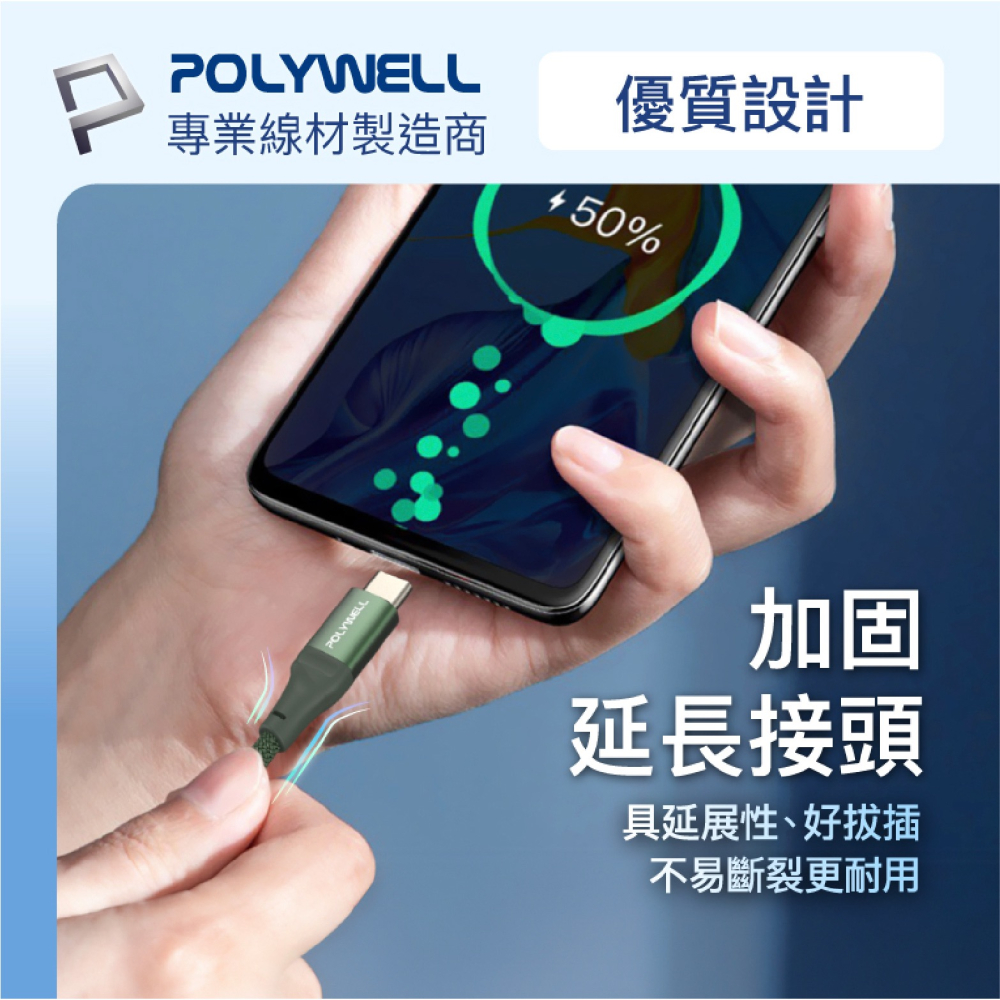 POLYWELL 60W Type-C To C PD 編織 快充線 充電線 適 iPhone 15 Pro Max-細節圖6