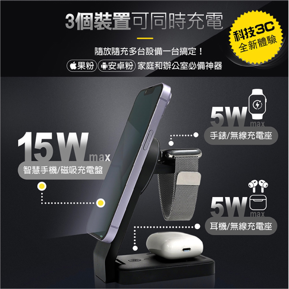 MOIS 摩世 三合一 磁吸 無線 充電座 充電器 支援 MagSafe iPhone 15 14 13 Watch-細節圖5