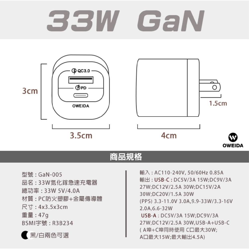 Oweida 33W GaN PD Type C A 充電器 充電頭 快充頭 適 iPhone 15 14 S24-細節圖9