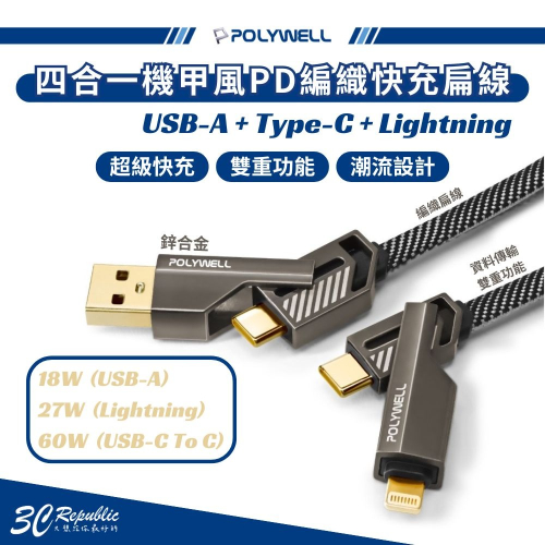 POLYWELL 四合一 機甲 PD 編織線 快充線 USB C Lightning 適用 iphone 15 s24