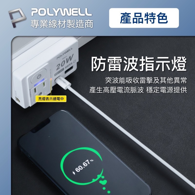 POLYWELL 3 壁插 20W USB Type C A 快充 帶開關 防火材質 充電頭 插座 高溫斷電 轉接頭-細節圖6