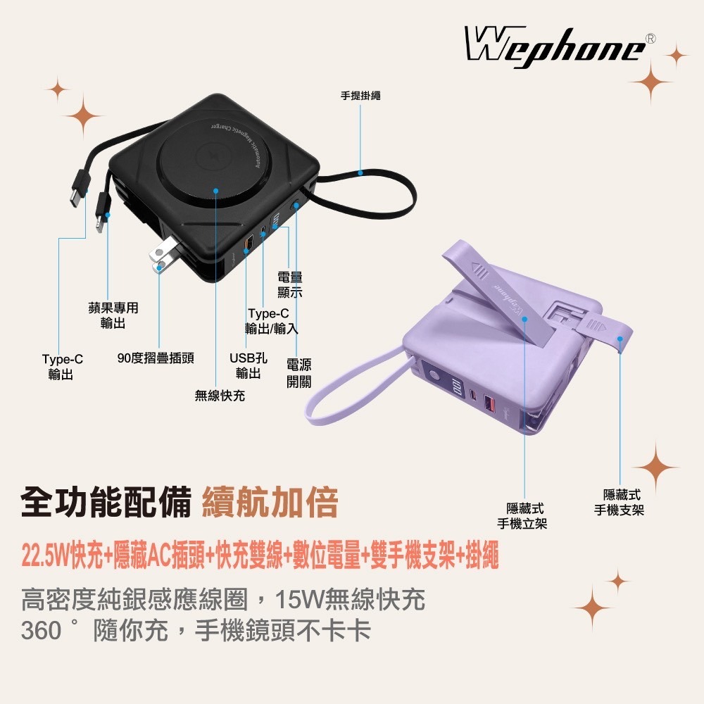 Wephone 七合一 行動電源 萬能充 帶插頭 無線充電 magsafe iPhone 13 14 15 安卓 s24-細節圖3