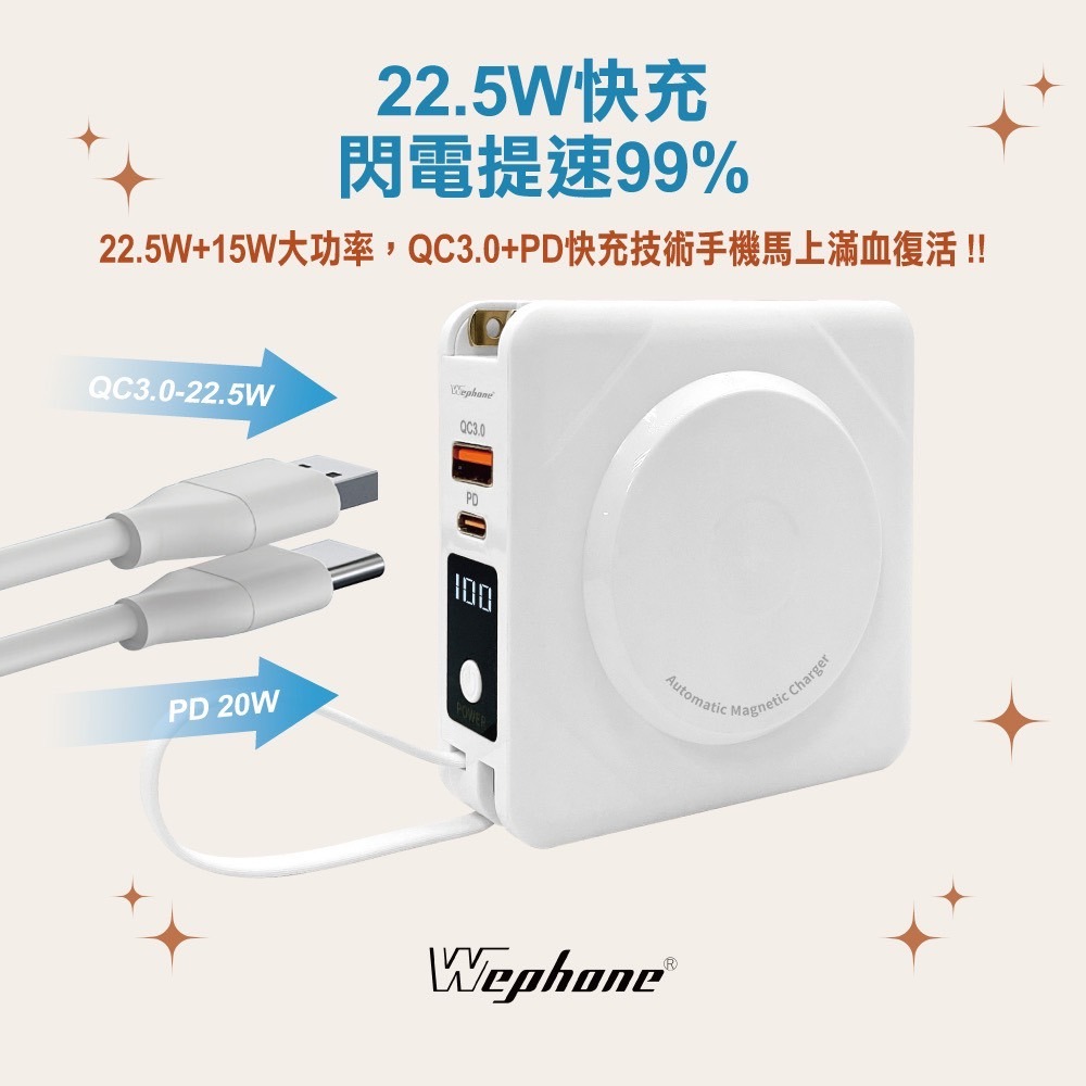 Wephone 七合一 行動電源 萬能充 帶插頭 無線充電 magsafe iPhone 13 14 15 安卓 s24-細節圖6