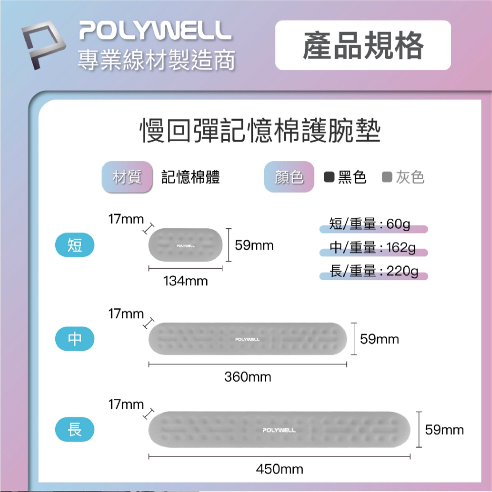 POLYWELL 鍵盤 滑鼠 記憶棉 人體工學  護腕墊 非 滑鼠墊 桌墊-細節圖9