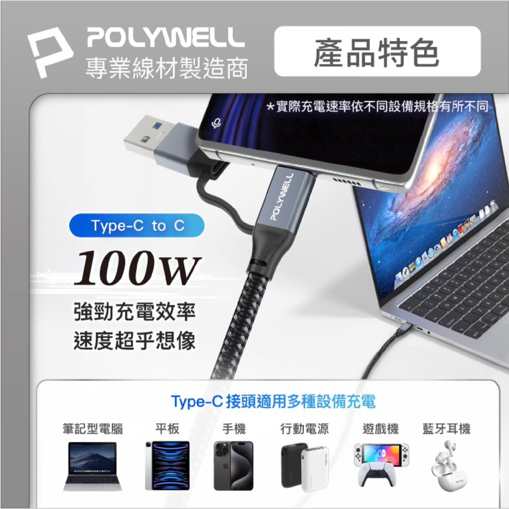 POLYWELL USB-C PD 編織線 快充線 傳輸線 充電線 適 iPhone 15 Plus Pro Max-細節圖4