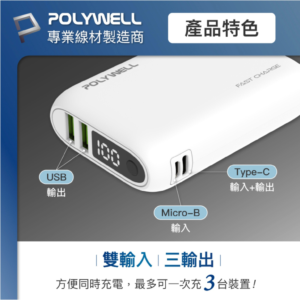 POLYWELL 10000 mAh 18W 快充 行動電源 充電頭 快充頭 適 iPhone 15 S24-細節圖4