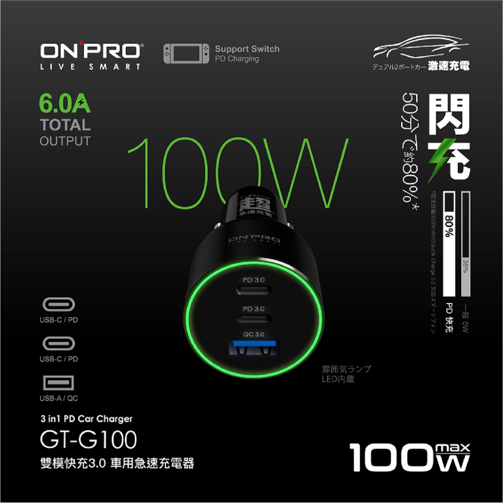 ONPRO 100W PD QC 3.0 type C A 車載 充電器 快充頭 充電頭  iPhone 15 S24-細節圖5