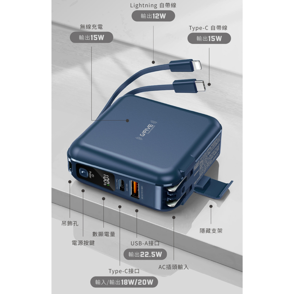 MOBIA 基伍 勁量 萬能充 GPW10S 行動電源 快充電源 10000mAh AC 充電 自帶線-細節圖7