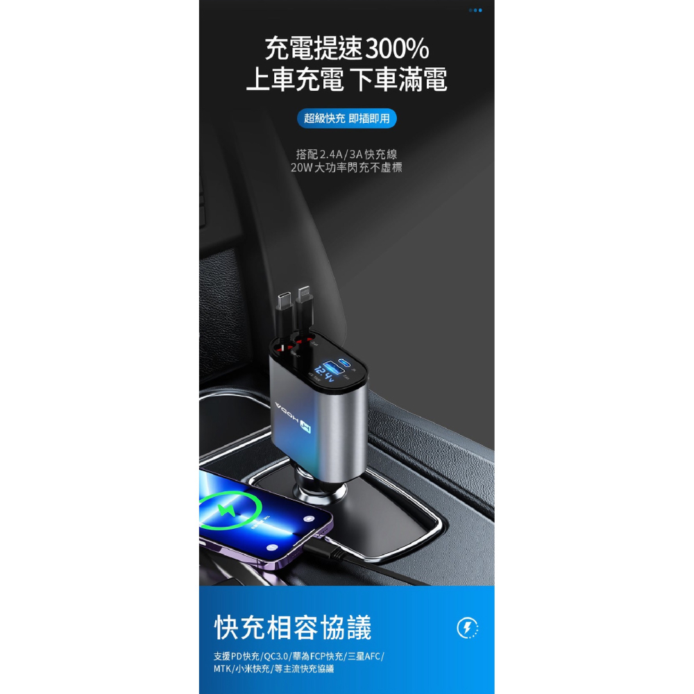 HODA 車載 充電器 雙口 USB A Lightning 快充 適 iPhone 16 15 14 S24-細節圖6