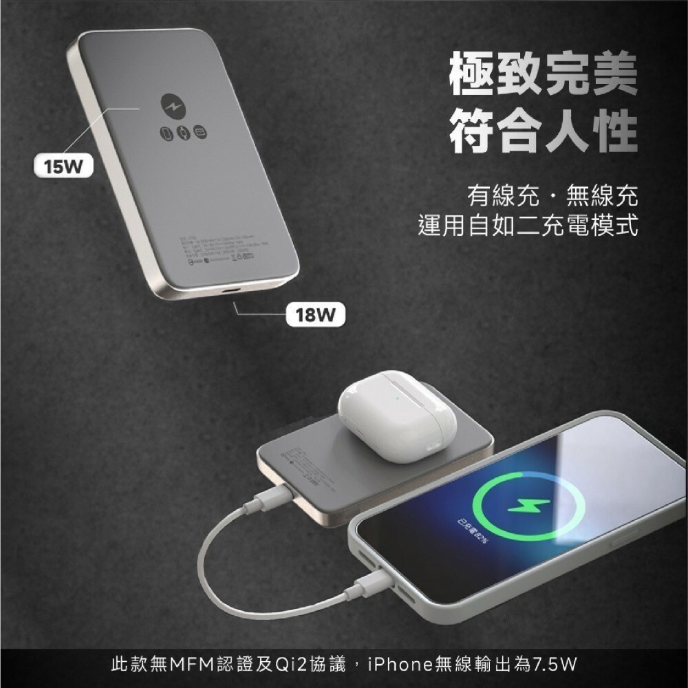 KooPin 鋁合金 石墨烯 15W 磁吸 行動電源 支援 MagSafe 5000mAh 適 iPhone 16 15-細節圖7
