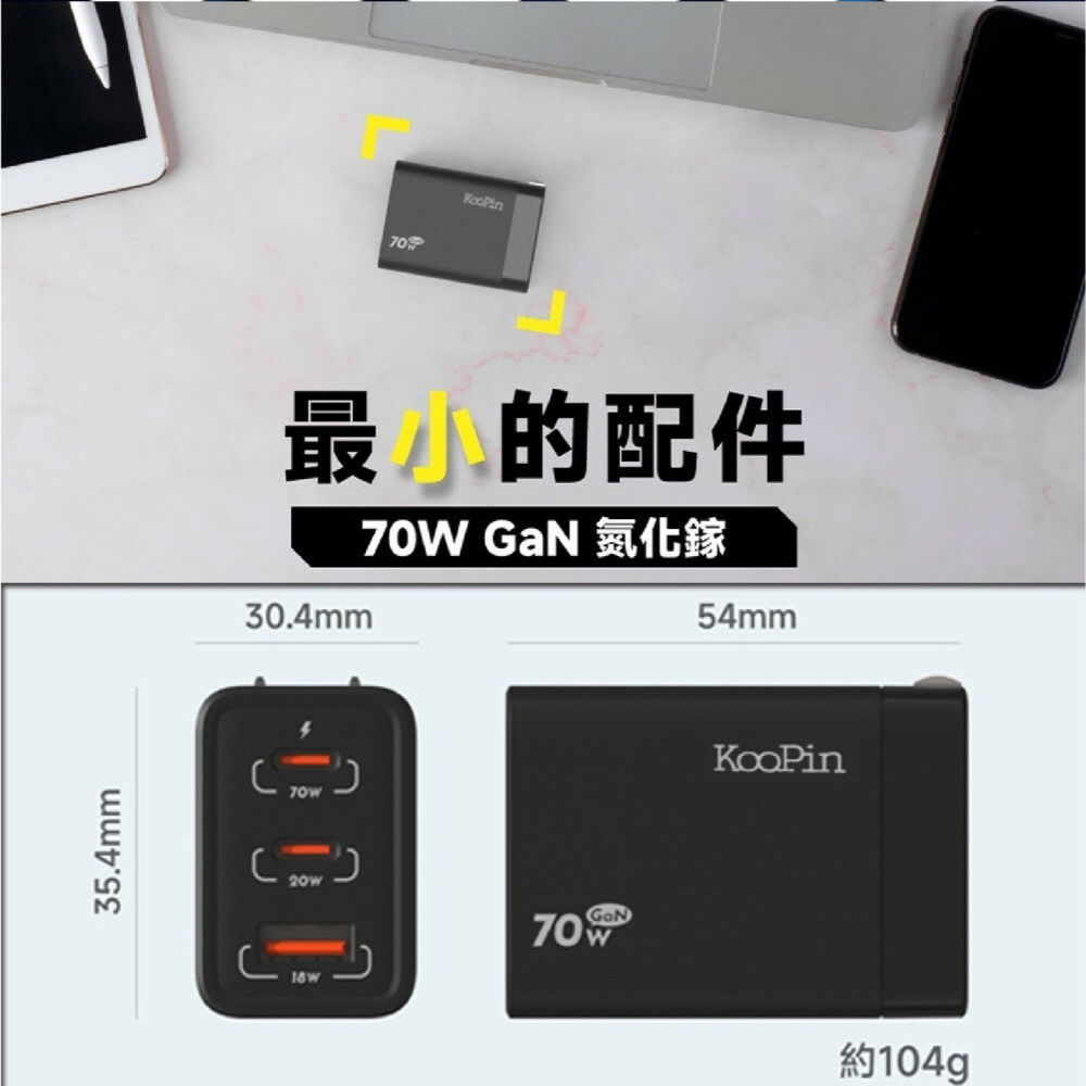KooPin Type C A 氮化鎵 70W 充電器 快充頭 充電頭 三孔 適 iPhone 16 15 s25-細節圖9