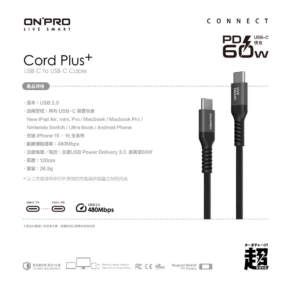ONPRO Cord Plus USB-C to C PD 60W 快充線 傳輸線 充電線 適 iPhone 16-細節圖6
