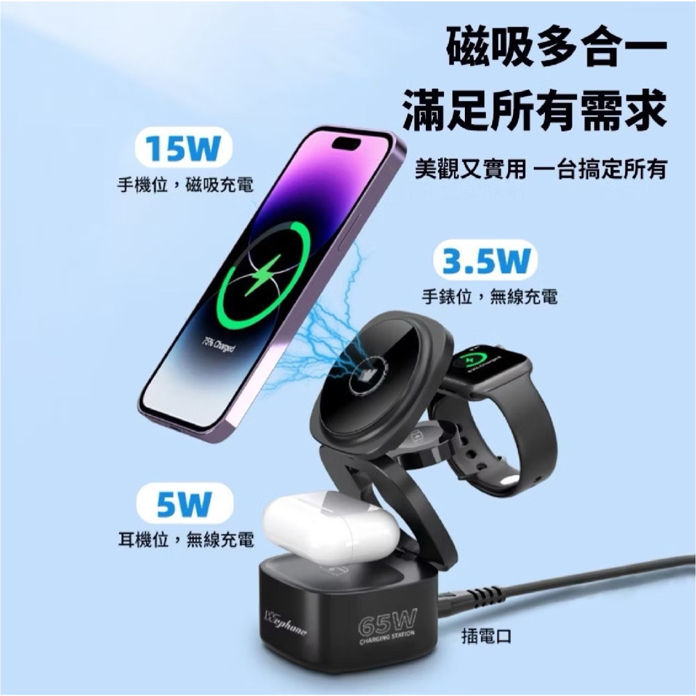 Wephone 65W 氮化鎵 五合一 充電站 充電器 充電座 MagSafe 適 iPhone Apple Watch-細節圖4