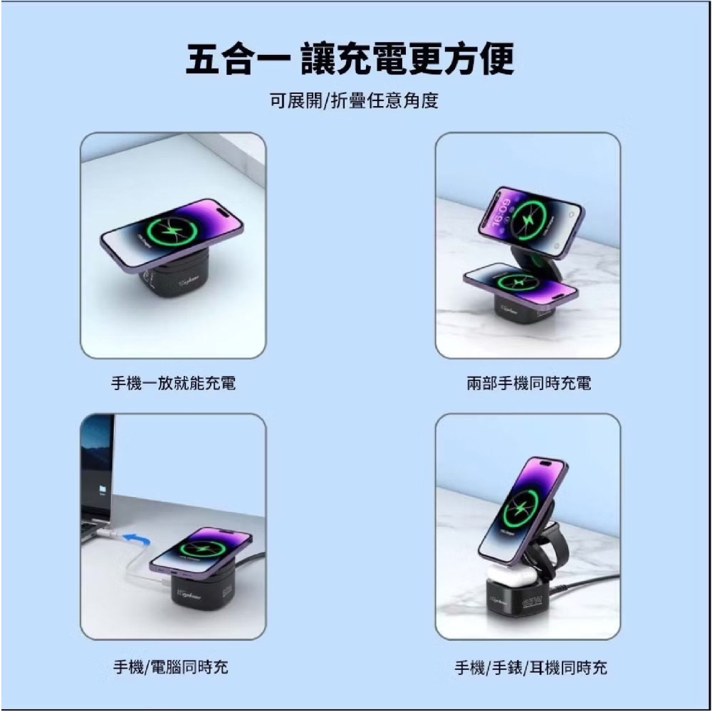 Wephone 65W 氮化鎵 五合一 充電站 充電器 充電座 MagSafe 適 iPhone Apple Watch-細節圖9