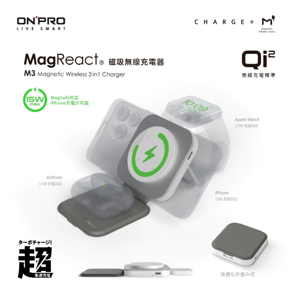 ONPRO MagReact M3 15W 3合1 MagSafe 無線 充電器Qi2 適 iPhone 16 16e-細節圖4