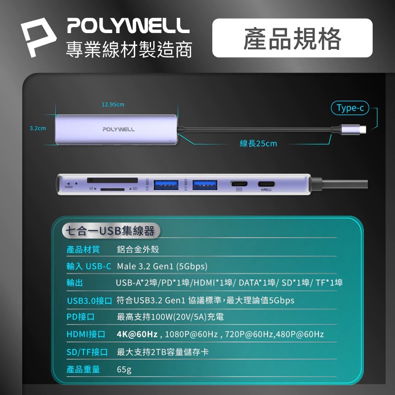 POLYWELL 寶利威爾 Type-C 七合一 集線器 HUB 100W PD 快充 5G HDMI SD TF-細節圖6