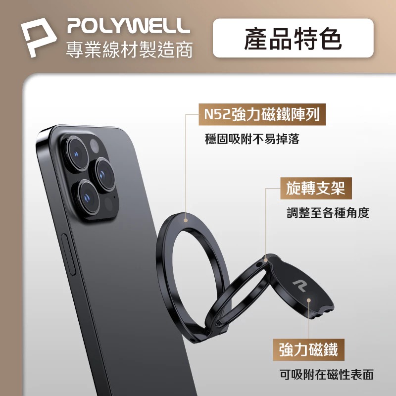 POLYWELL 寶利威爾 雙面 磁吸 手機 MagSafe 指環 支架 鋁合金 適 iPhone 15 16-細節圖2