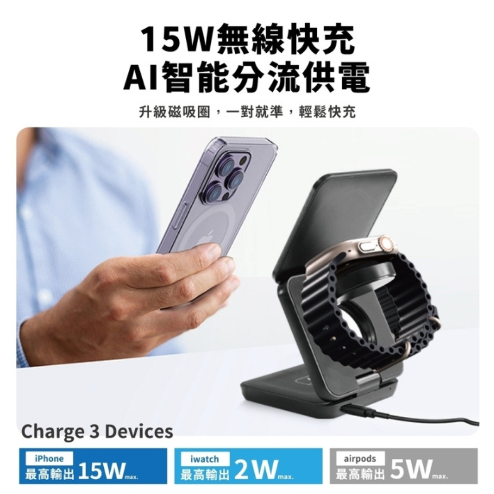 Oweida UT-25W 三合一 magsafe 電源 磁吸 供應器 充電器 適 iPhone 16 15 14 13-細節圖4