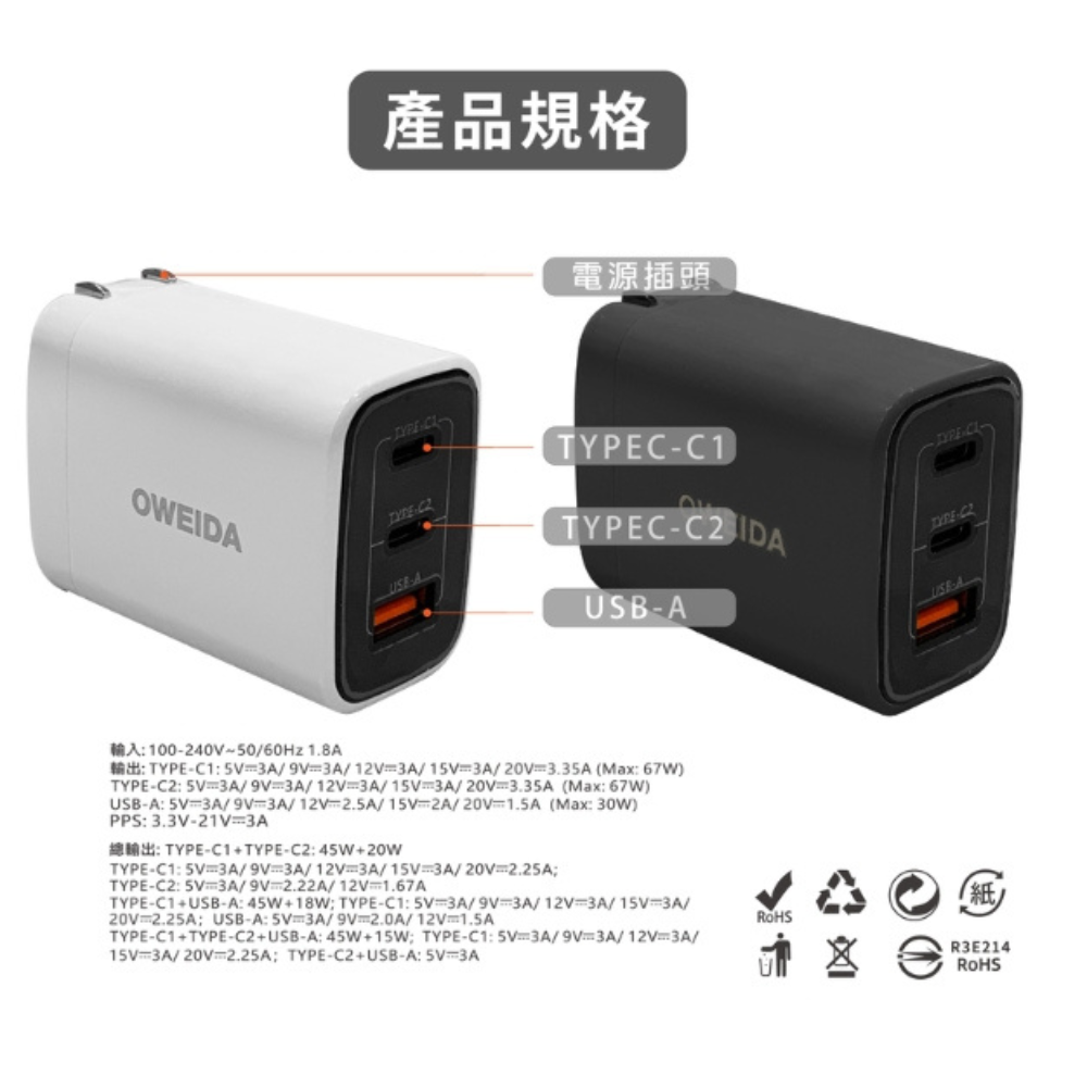 Oweida 67W 氮化鎵 快充 急速 PD 充電頭 充電器 適 iPhone 16 15 s25-細節圖10