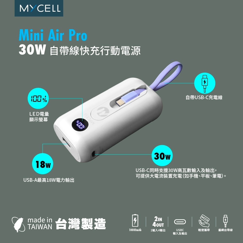 MYCELL Mini Air Pro 10000 mAh 快充 自帶線 充電器 行動電源 iPhone 16 17-細節圖5
