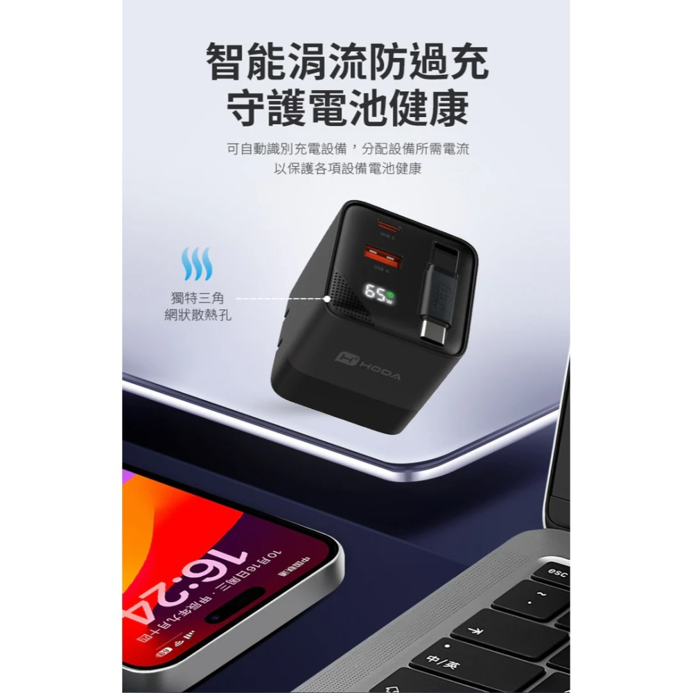HODA GaN 氮化鎵 65w 三輸出 自帶 伸縮線 PD 充電頭 極速 iPhone 17 16 15 s25-細節圖10
