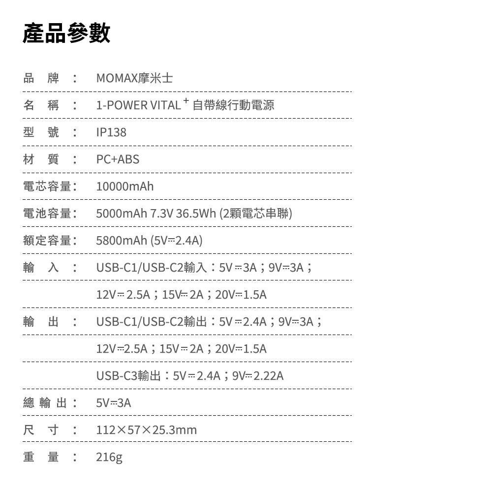 Momax 摩米士 1-Power Vital+ 10000mAh 快速 充電 雙內建 USB-C線 行動電源-細節圖9