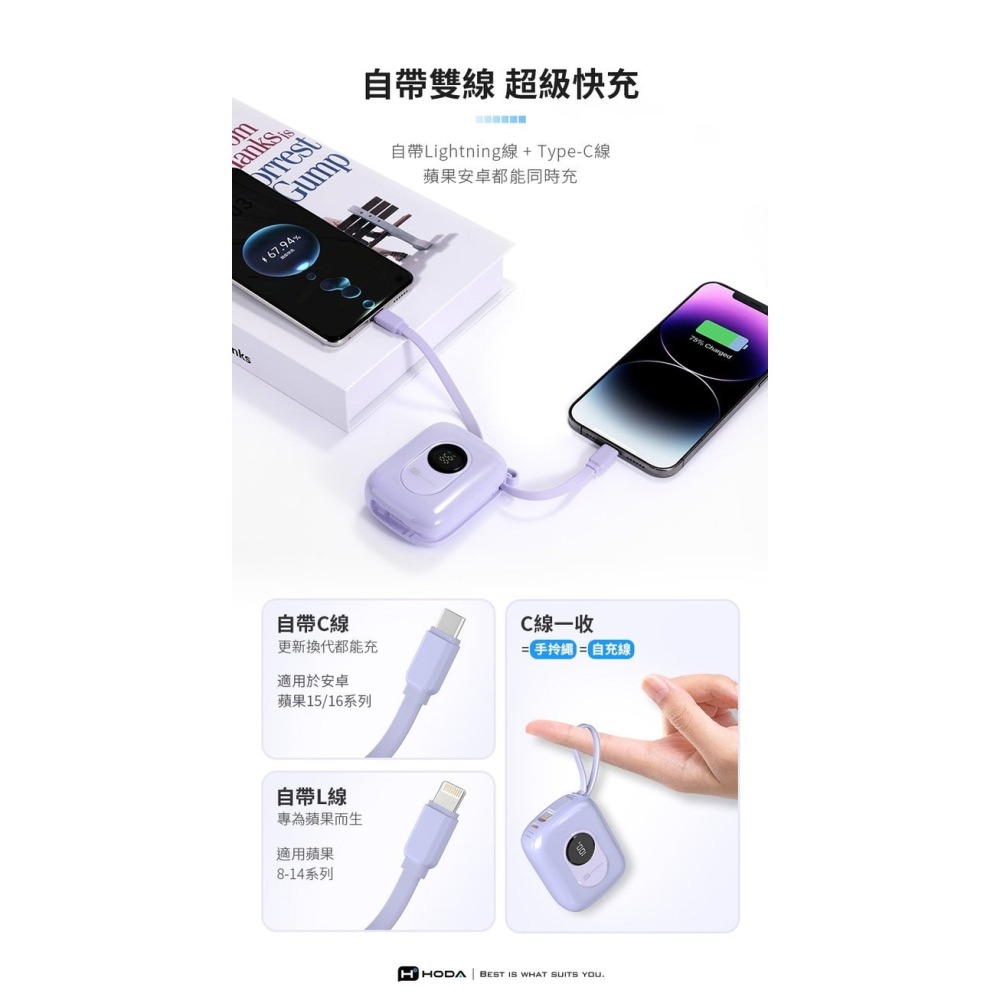 HODA PD 10000mAh 數顯 USB C 雙線  掛繩 行動電源 iPhone 17 16 15 14 13-細節圖8