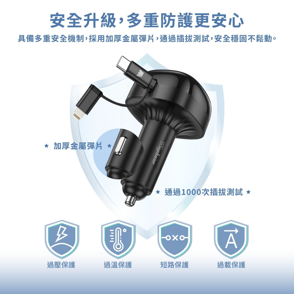Wephone 60W 四合一 車用 75cm 伸縮線 快充 充電器 適用 iPhone 17 16 15 14-細節圖8