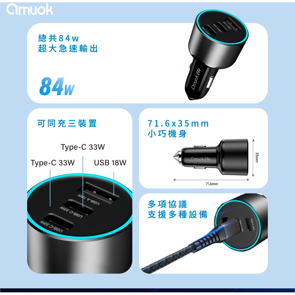 amuok 84W 車載 三孔 usb 快充器 Type C 短路保護 充電器  iphone 17 16 15 14-細節圖4