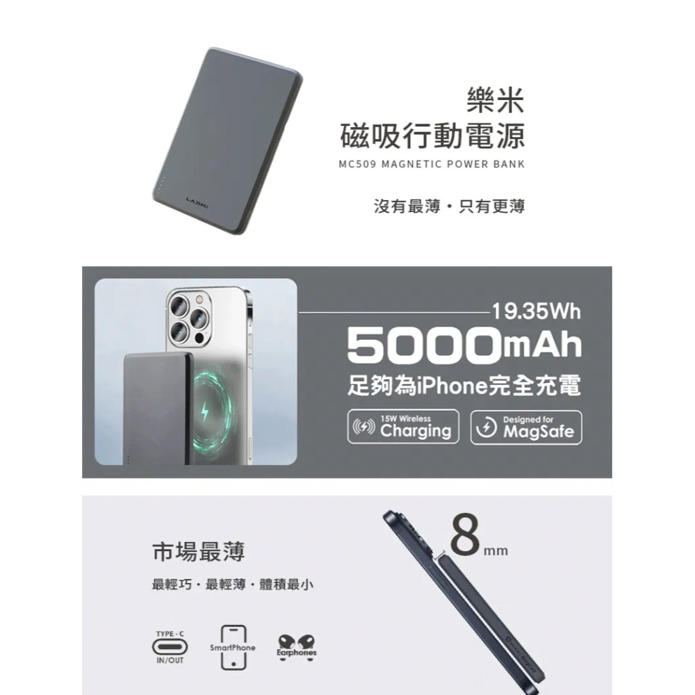 樂米 LARMI 支援 Magsafe 不擋鏡頭 無線 磁吸 行動電源 MC509 適用 iPhone 17 16 15-細節圖4