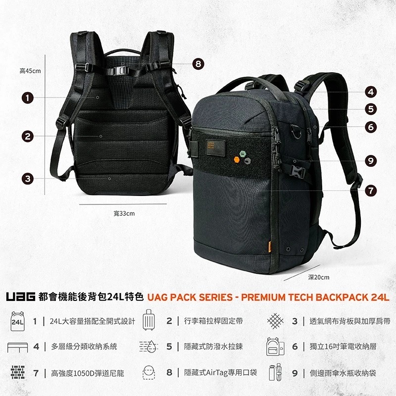 UAG 都會 機能 後背包 24L 黑色 大容量 筆電包 電腦包 適用 15 16吋-細節圖6
