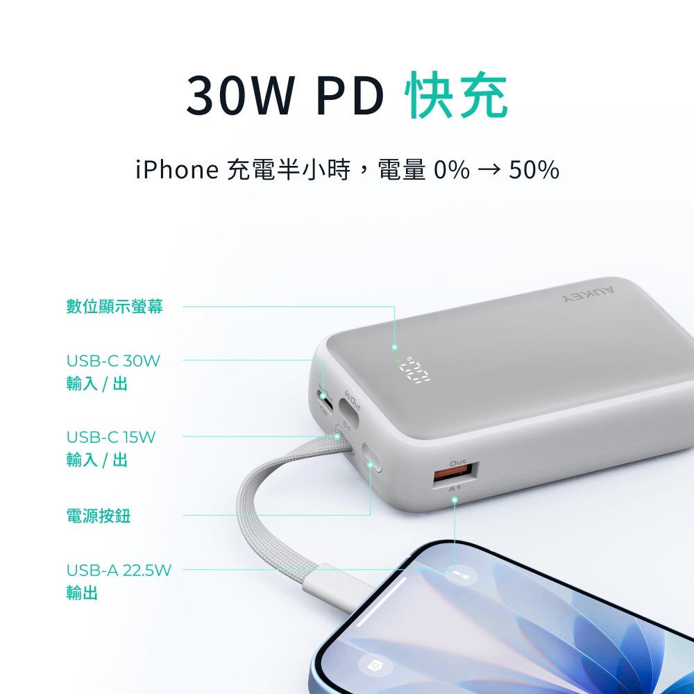 AUKEY  小冰棒 10000mAh 30W 自帶線 10000mAh 快充 行動電源 PB-Y61-細節圖8