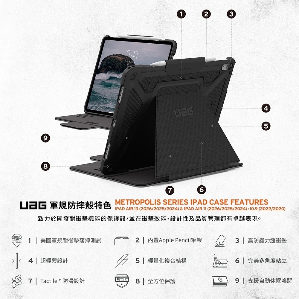 UAG 經典款 耐衝擊 防摔殼 保護殼 V2 黑 磁吸 筆架 適用 M4 iPad Air 13 11 10.9-細節圖5