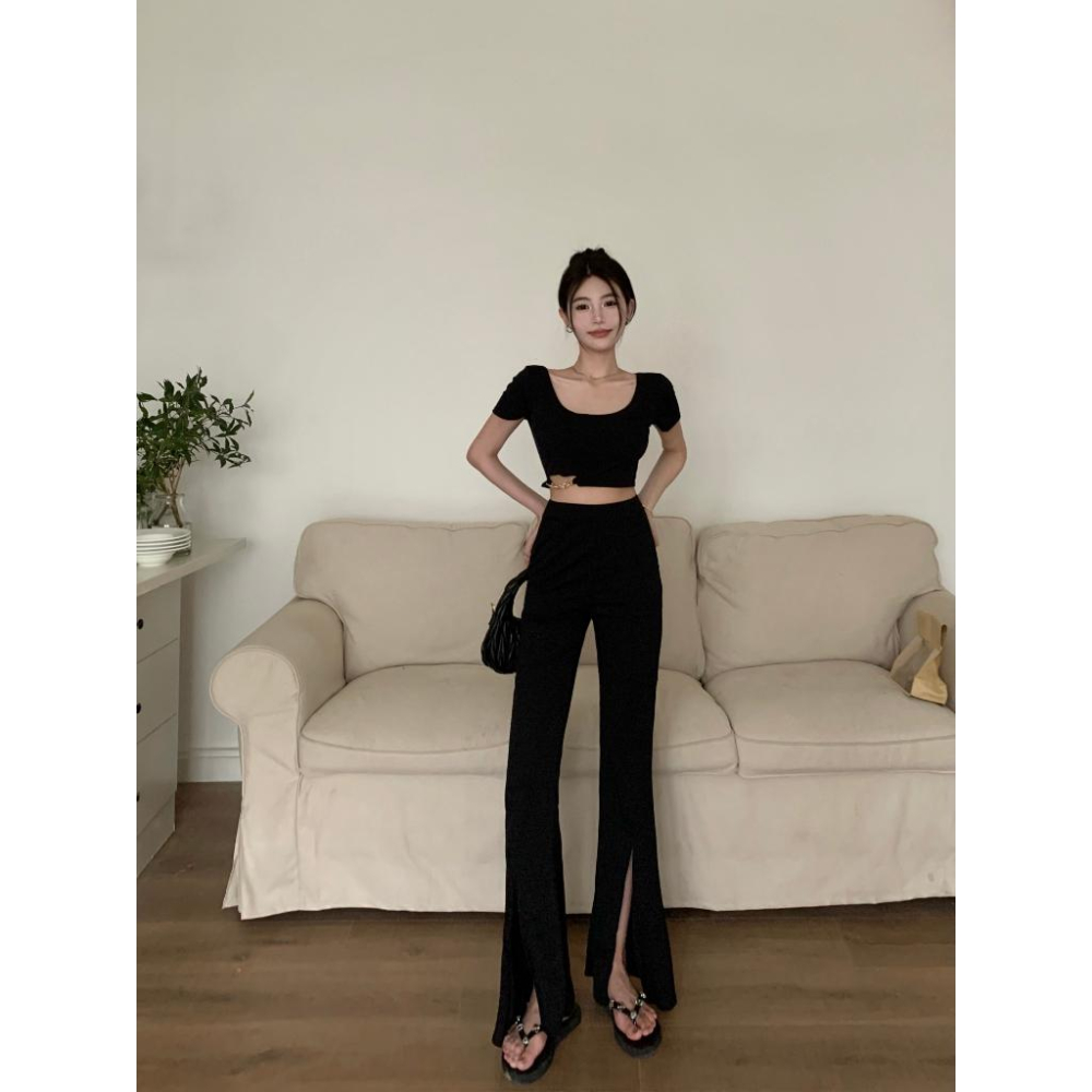 鏈條腰簍空上衣+開岔長褲【8142】-細節圖2