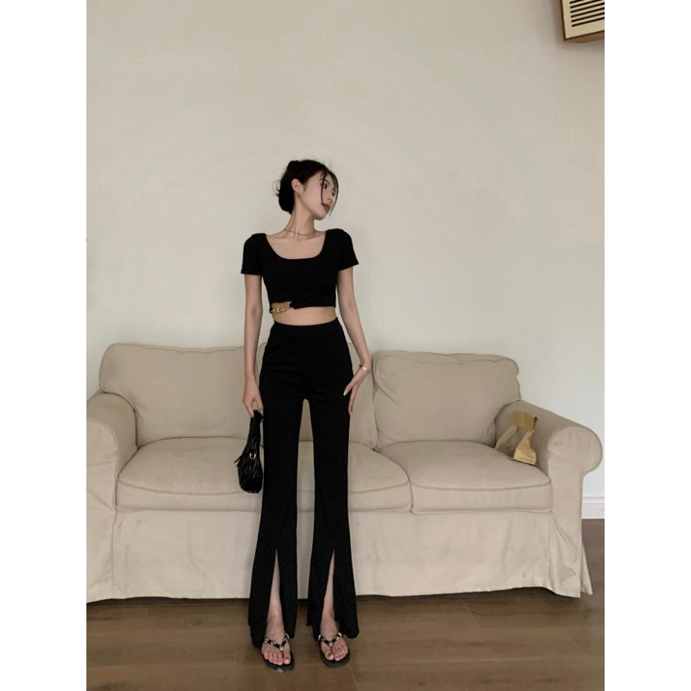 鏈條腰簍空上衣+開岔長褲【8142】-細節圖3