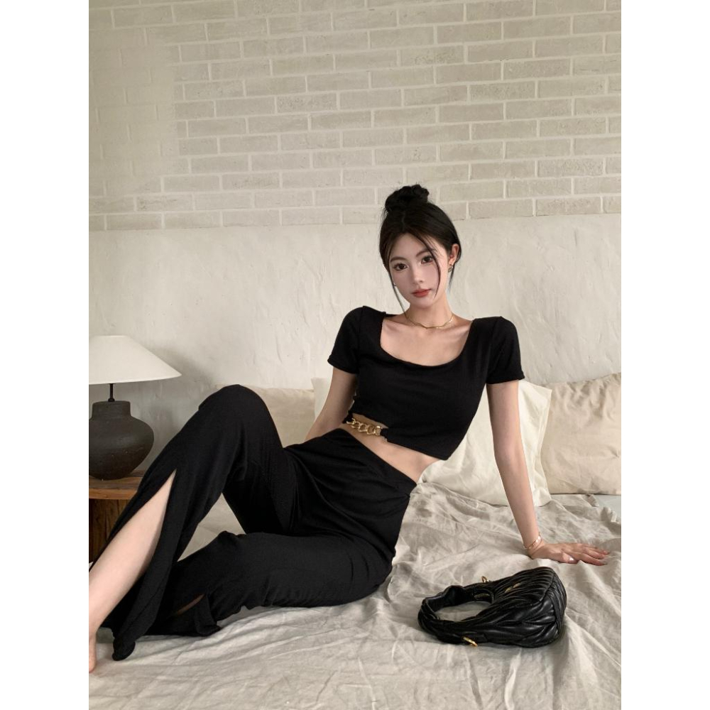 鏈條腰簍空上衣+開岔長褲【8142】-細節圖4