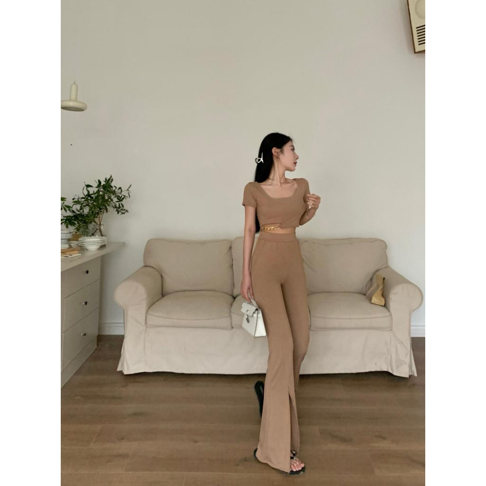 鏈條腰簍空上衣+開岔長褲【8142】-細節圖7