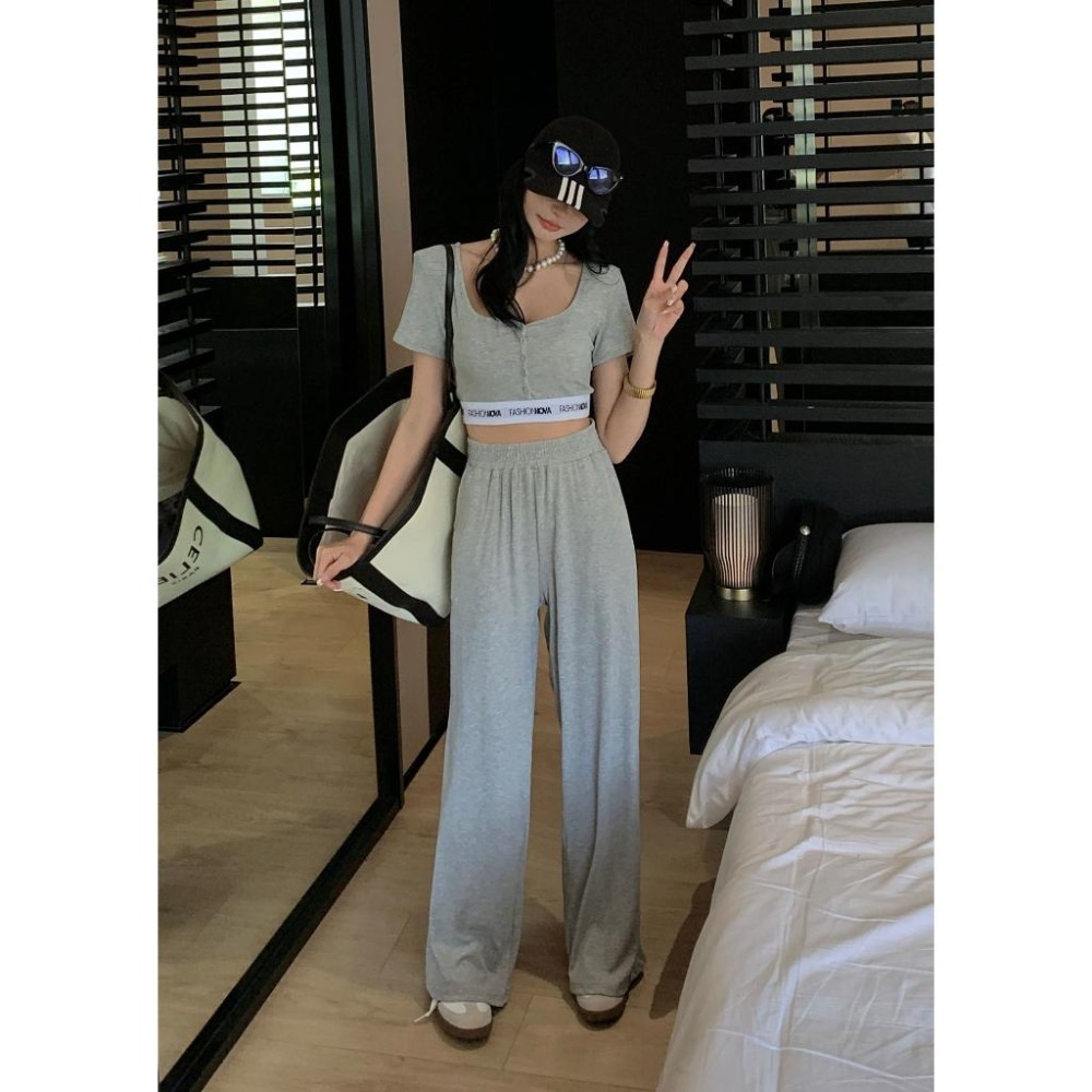 排釦標籤上衣+高腰寬褲【9670】-細節圖3