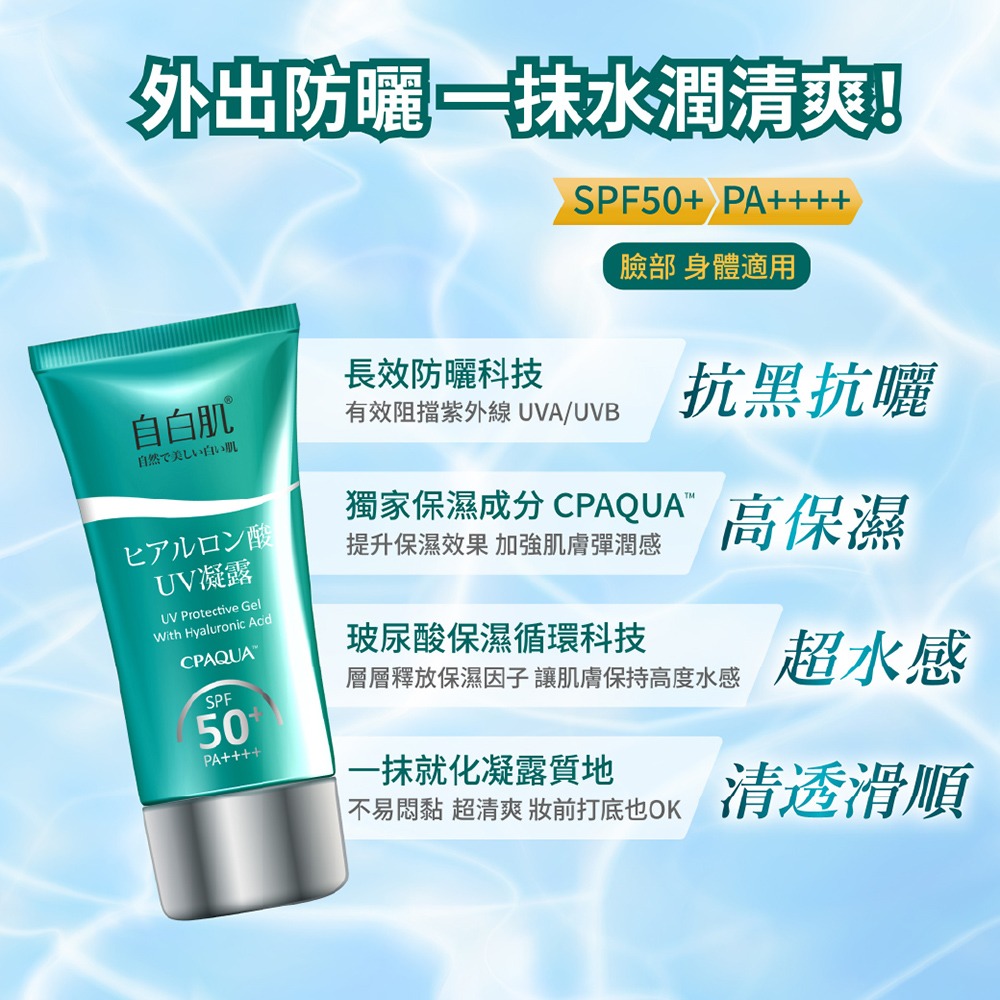 自白肌水感玻尿酸防曬凝露 SPF50+ PA++++ 50g-細節圖3