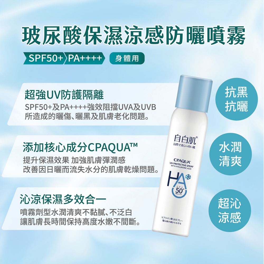 自白肌玻尿酸保濕涼感防曬噴霧 SPF50+ PA++++ 90ml-細節圖3