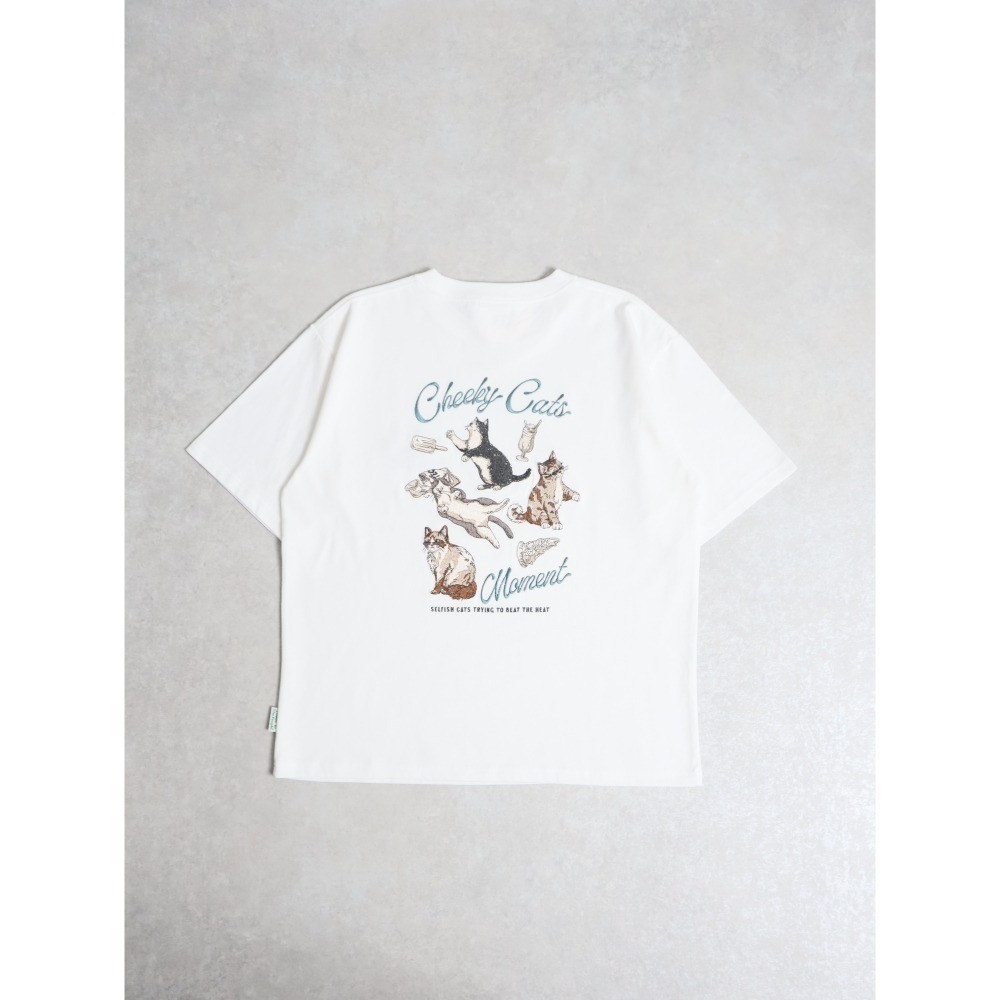 《2025夏季全新現貨正品》日本POWER TO THE PEOPLE-貓咪的休閒時光刺繡短袖T恤-男女適用-細節圖2