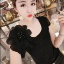 短袖t恤女2023新款夏裝立領花朵裝飾設計感小眾寬鬆百搭上衣-規格圖5