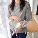 日系精緻圓領五分袖針織2023夏新款鏤空蕾絲拼接透氣T恤上衣-規格圖3