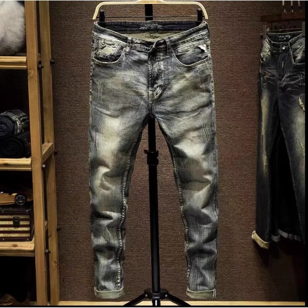 時尚春秋款牛仔褲男潮牌破洞補丁彈力修身小腳個性撞色拼接百搭褲子男-細節圖2