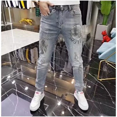 時尚春秋款牛仔褲男潮牌破洞補丁彈力修身小腳個性撞色拼接百搭褲子男-細節圖5